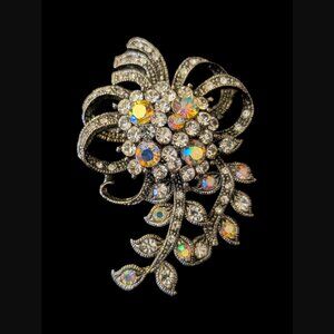 Vintage Aurora Borealis Rhinestone 50s Floral Brooch Pendant 2.5" Long